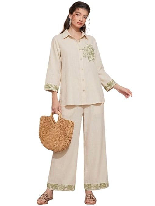 Women Cotton Co-Ord Set | Embroidered Shirt Top & Straight Leg Pants for Women | Casual Summer Co-Ord Outfit | Stylish Lounge Wear | Vacation & Daily Wear Matching Set | Kurta Sets